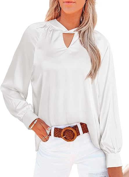 Photo 1 of BLENCOT Casual Blouses for Women Flowy V Neck Satin Top Puff Long Sleeve Elegant Dressy Work Shirts Medium 
