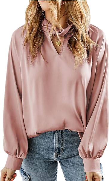 Photo 1 of BLENCOT Casual Blouses for Women Flowy V Neck Satin Top Puff Long Sleeve Elegant Dressy Work Shirts XL
