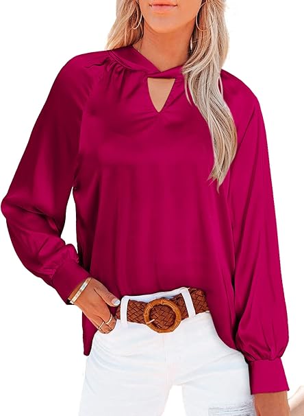 Photo 1 of BLENCOT Casual Blouses for Women Flowy V Neck Satin Top Puff Long Sleeve Elegant Dressy Work Shirts Small 
