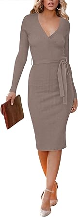 Photo 1 of Ceuplon Women's Long Sleeve V Neck Bodycon Sweater Dress Tie Waist Ribbed Slim Fit Knit Midi Dress Small Khaki