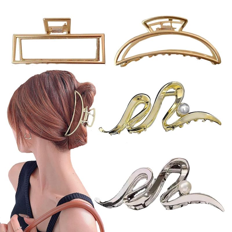 Photo 1 of 4 Pack Large Metal Hair Claw Clips Nonslip Big Gold Hair Clamps for Women and Girls Thin Hair Strong Hold Hair Clips for Thick Hair Fashion Hair Styling Accessories (Gold+Rose +Gold Silver)
