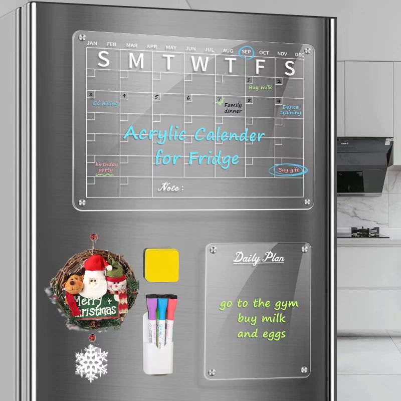 Photo 1 of Magnetic Acrylic Calendar for Fridge 16"x12"Clear Fridge Calendar Dry Erase Magnetic Acrylic Board(2 Set) Magnetic Whiteboard for Fridge, Includes 6 Kinds Products Set