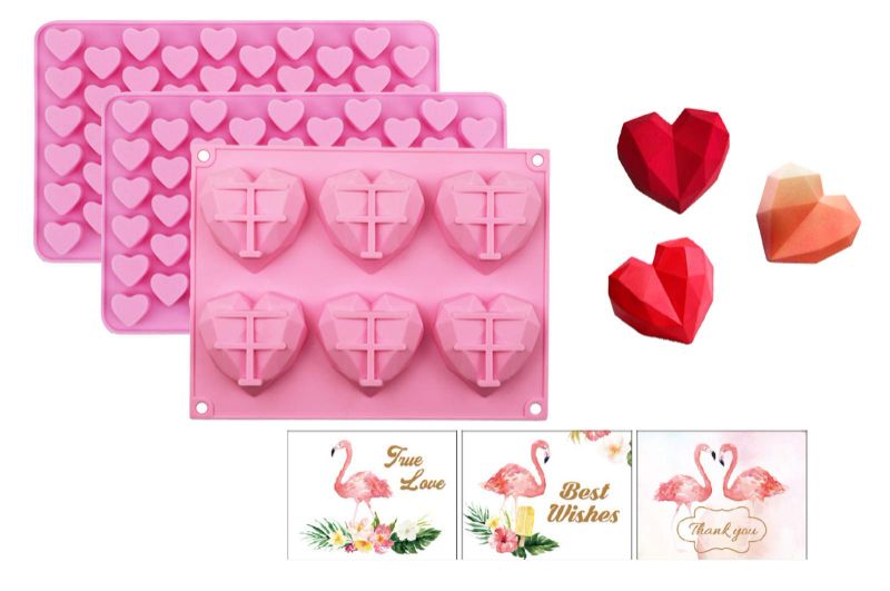 Photo 1 of ZoomPlus Diamond Heart Silicone Molds for Chocolate, Candy and French Dessert with 2 Mini Heart Shape Molds and 3 Greeting Cards, 3 Sets Non-stick Easy Release Mousse Cake Decoration Molds for Baking