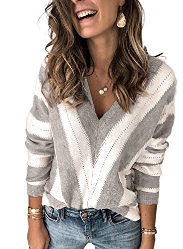 Photo 1 of Elapsy Womens Color Block Striped V Neck Sweater Long Sleeve Pullover Knitted Sweater Medium 