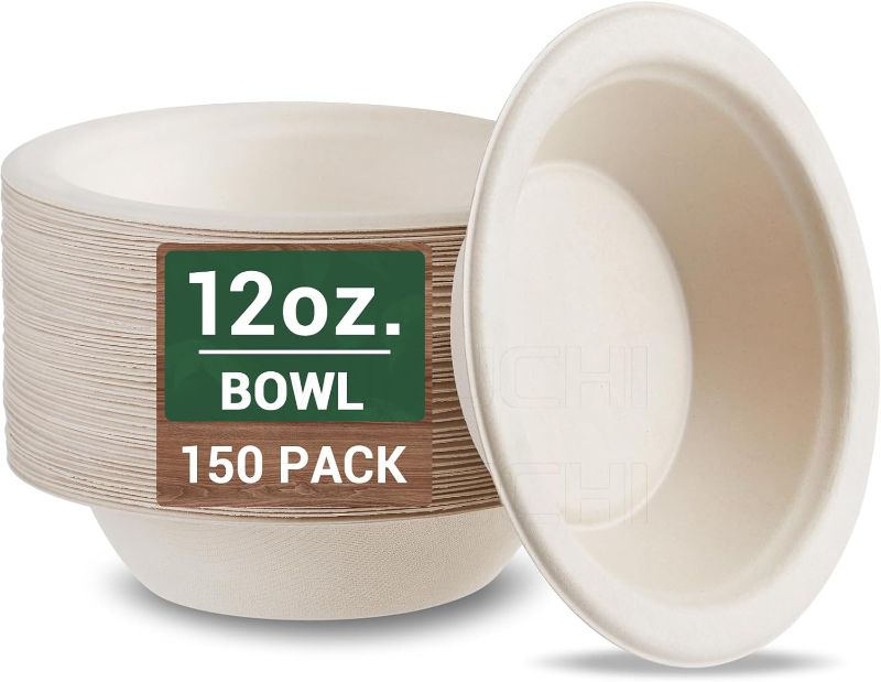 Photo 1 of 100% Compostable Paper Bowls 12 oz Disposable 150 Pack, Made of Natural Bagasse, Biodegradable Paper Bowls Disposable Heavy Duty, Eco-Friendly Disposable Bowls Bulk for Party and Daily Diet
