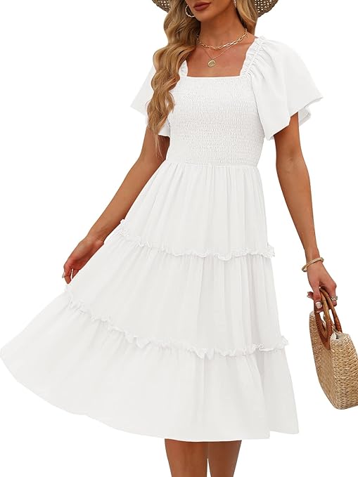 Photo 1 of LILLUSORY Women's Summer Casual Flutter Sleeve Square Neck Smocked Midi Dress, XL
