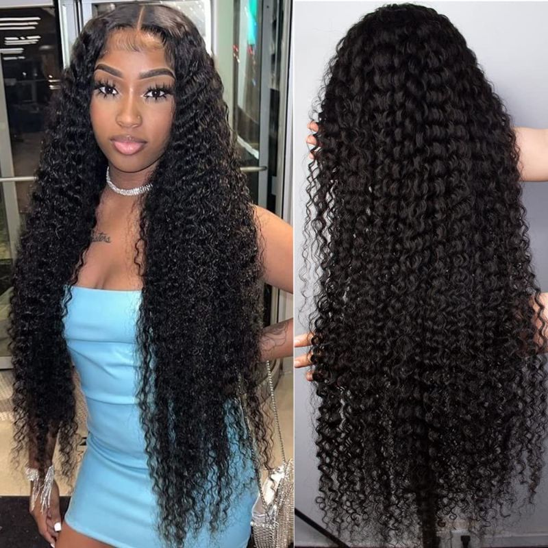 Photo 1 of 32-Inch 13x6 HD Deep Wave Lace Front Wigs Human Hair Wigs for Women 180% Density Brazilian Virgin Transparent Deep Curly Lace Frontal Wigs Human Hair Pre Plucked With Baby Hair Natural Black
