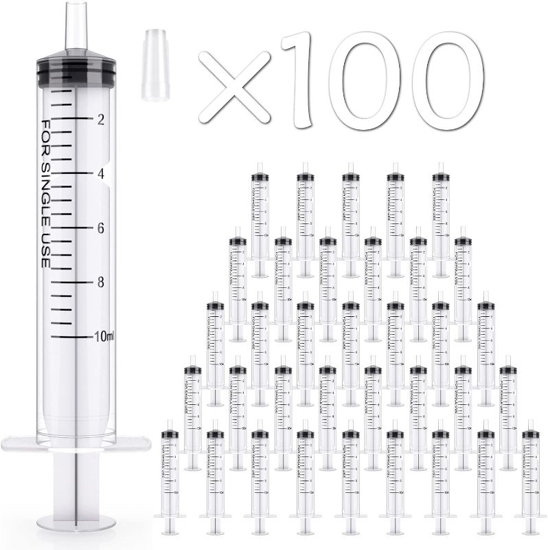 Photo 1 of 10ml Syringes 100 Pack Plastic Small Syringe with Tip Cap, Measuring Syringe, Oral Syringe for Scientific Labs, Feeding Pets, Measurement,Refilling, No Needle
