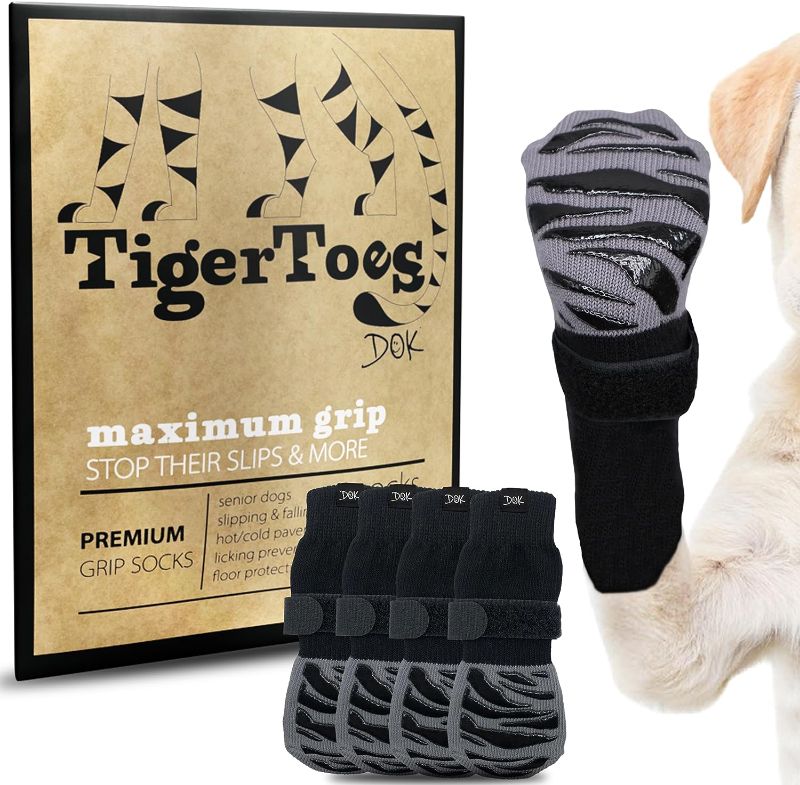 Photo 1 of DOK TigerToes Premium Non-Slip Dog Socks for Hardwood Floors - Extra-Thick Grip That Works Even When Twisted - Prevents Licking, Slipping, and Great for Dog Paw Protection - Medium
