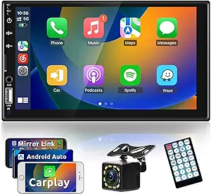 Photo 1 of 7 Inch Double Din Car Stereo Apple CarPlay & Android Auto 1024 * 600 HD Touchscreen Car Radio Receiver with Mirror Link, Bluetooth, Backup Camera, Remote, AM/FM, USB AUX RCA
