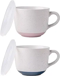 Photo 1 of AmorArc Ceramic Soup Mugs with Lid, 24 oz Soup Cups with Hanlde for Coffee,Cereal,Salad,Noodles,Tea,Soup Bowls Cups,Microwave &Dishwasher Safe, Set of 2,Speckled Outside with Vented Lid
