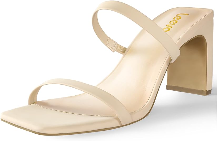 Photo 1 of Leevar Square Toe Heels Sandals - White Black Nude Heels Chunky Two Strap Low Heels for Women Leather Mule Sandals Slip On Block Heels for Party Dating Daily Standard Size 2.75 Inch 8.5