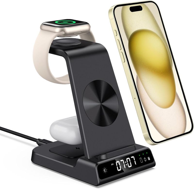 Photo 1 of Charging Station for Apple, Wireless Charger 4 in 1 with Digital Clock, Wireless Charging Station for iPhone 15/14/13/12/11/X Series, for Apple Watch Ultra 2/Series 9/8/7/6/5, Air Pods Pro 2/3/Pro
