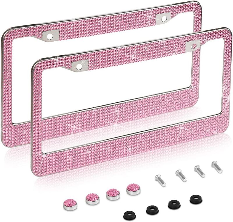 Photo 1 of 2 Pack Bling License Plate Frame?Handcrafted Bling Rhinestone Premium Stainless Steel License Plate Frame?14 Facets Clear Color Rhinestone Crystal (Pink)
