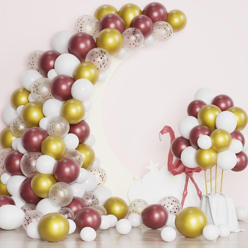 Photo 1 of 110 Pack Burgundy Red White Gold Maroon Balloons Garland Arch Kit, GAGAKU 12/10/5 Inches Latex Confetti Balloons for Women Kids Birthday Wedding Bride Bachelorette Retirement Party Decorations
