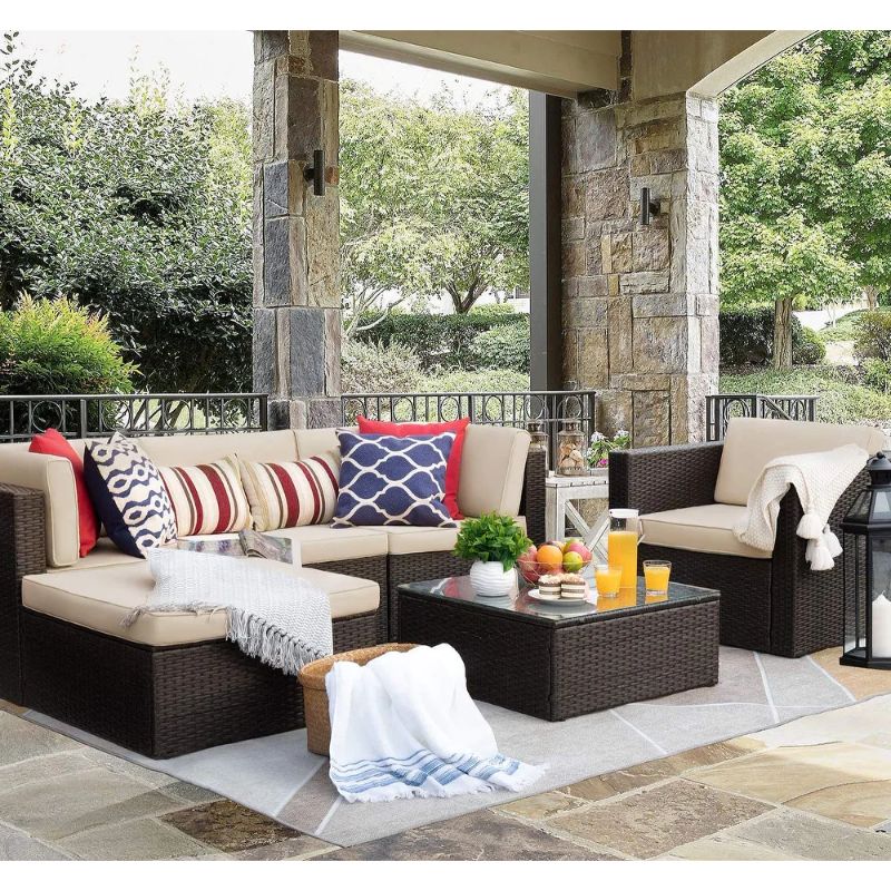 Photo 1 of 6-piece Cushioned Faux Rattan Patio Sectional Sofa Conversation Set
