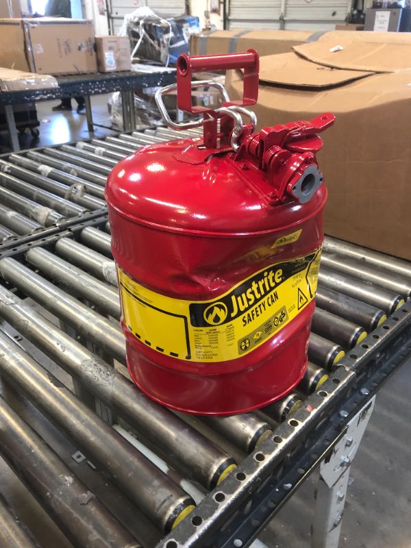 Photo 3 of Justrite 5 Gallon Red AccuFlow Galvanized Steel Type II Vented Safety Can With Stainless Steel Flame Arrester And 1" Metal Hose (For Flammable Liquids) Red 5 Gallon 1" Spout Can