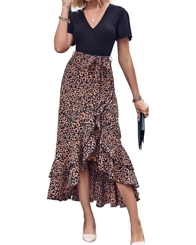 Photo 1 of BTFBM Women Summer Long Dresses 2023 Short Sleeve V Neck Boho Floral Print Tie Waist High Low Ruffle Cocktail Maxi Dress X-Large Leopard Black Brown