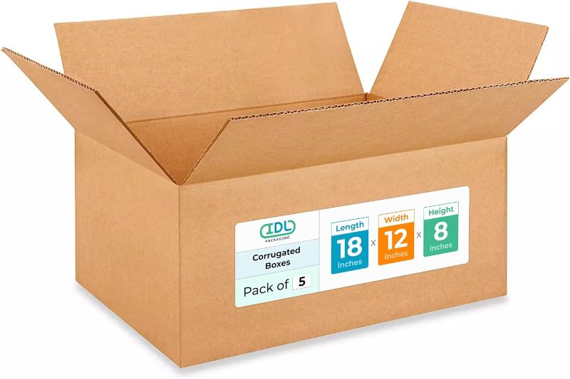 Photo 1 of IDL Packaging Medium Corrugated Shipping Boxes 18"L x 12”W x 8"H (Pack of 5) - Prime Choice of Strong Packing Boxes for USPS, UPS, FedEx Shipping
