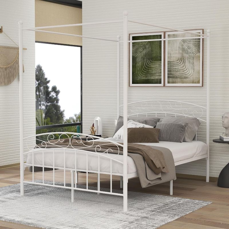 Photo 1 of AUFANK Full Size Canopy Bed Frame Four-Poster Metal Platform Bed with Headboard and Footboard Sturdy Heavy Duty Steel Slat Support No Box Spring Needed White
