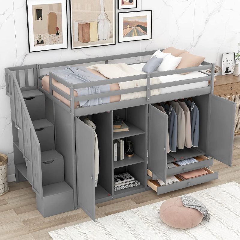 Photo 1 of BIADNBZ Functional Twin Size Loft Bed with 3 Shelves, 2 Wardrobes and 2 Drawers,Wooden Bedframe with Storage Stairs for Kids/Teens/Bedroom,Gray---MISSING BOX 2 OUT OF 3 
