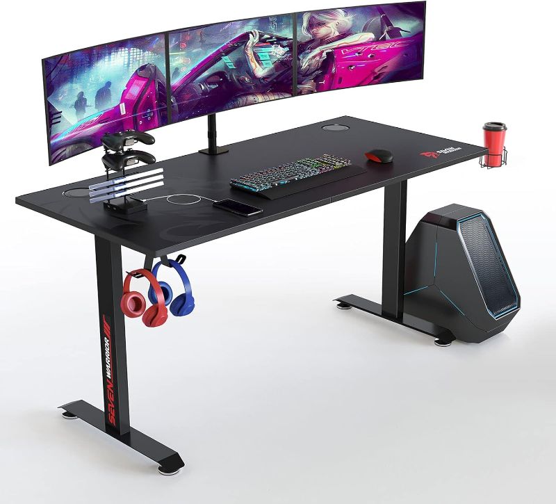 Photo 1 of SEVEN WARRIOR Gaming Desk 60 INCH, T- Shaped Carbon Fiber Surface Computer Desk with Full Desk Mouse Pad, Ergonomic E-Sport Style Gamer Desk with Double Headphone Hook, USB Gaming Rack, Cup Holder
