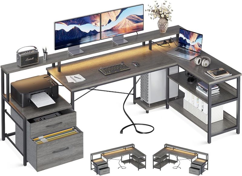 Photo 1 of ODK L Shaped Desk with File Drawer, 75" Reversible L Shaped Computer Desk with Power Outlet & LED Strip, Office Desk with Storage Shelves, Gaming Desk with Monitor Shelf, Corner Desk, Grey Oak
