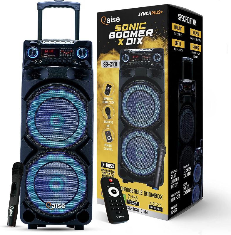 Photo 1 of QAISE Portable PA System with Wireless Mic - Bluetooth Party Boombox Speaker & Karaoke Machine with Lights, Dual 10” Subwoofer, X-Bass & 8000 Watts Peak Power - SonicBoomer X-Dix
