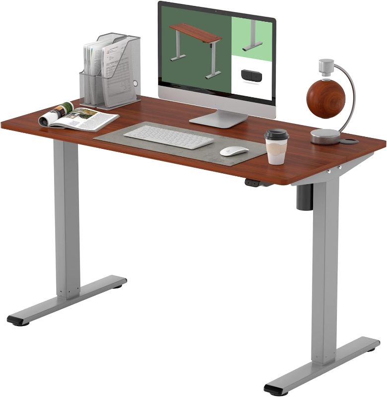 Photo 1 of FLEXISPOT Standing Desk 48 x 24 Inches with Whole Piece Desk Board Height Adjustable Desk Electric Sit Stand Desk Home Office Desks Vici (Silver Frame + Mahogany Top)
