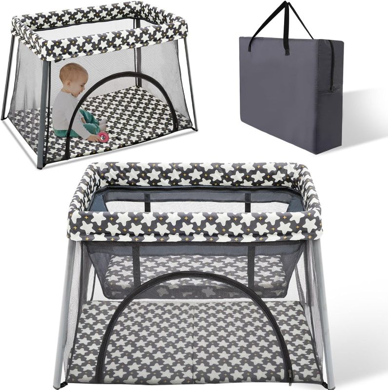 Photo 1 of Palopalo 3 in 1 Lightweight Travel Crib, Portable Crib with Soft Comfortable Mattress and Carry Bag for Babies and Toddlers, Foldable Playpen with Gate and Canopy, Indoor & Outdoor
