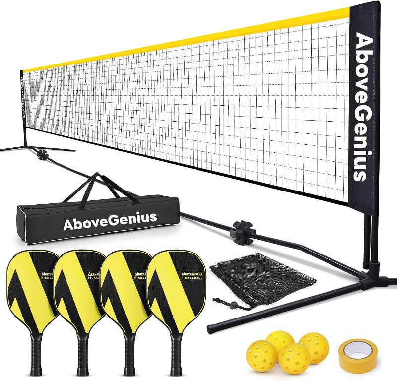 Photo 1 of AboveGenius Pickleball Set with Net(17 FT), Pickleball Paddles Set of 4, Includes 4 Premium Wood Pickleball Paddles, 4 Pickleball Balls,1 Portable Net,1...
