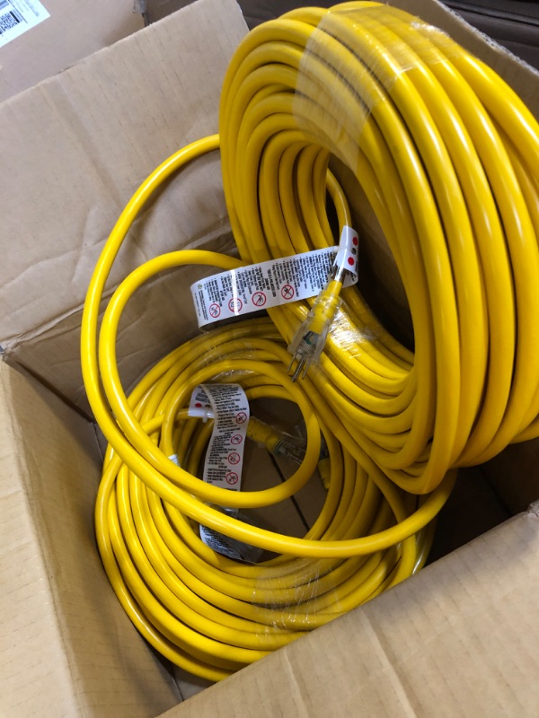 Photo 2 of IRON FORGE CABLE 2 Pack of 100 Foot Lighted Outdoor Extension Cord - 12/3 SJTW Heavy Duty Yellow Extension Cable with 3 Prong Grounded Plug for Safety, 15 AMP - Great for Garden and Major Appliances 100 Foot - Pack of 2 Yellow