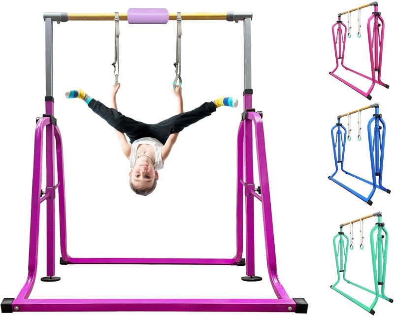 Photo 1 of kechery Foldable & Moveable Gymnastics Horizontal Bar with Rings,3’to 5’Adjustable Height Expandable Junior Kip Bar for Home,Indoor Gym Equipment for Kids
