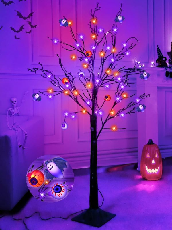 Photo 1 of 4 Ft Orange & Purple Halloween Lighted Tree Decoration with Timer 48 LED & 3D 5 Eyeballs & 5 Bat Lights DIY Ornaments Black Spooky Tree Halloween Decor Home Indoor Outdoor Garden (Plug in/4 Stakes) --- Box Packaging Damaged, Item is New

