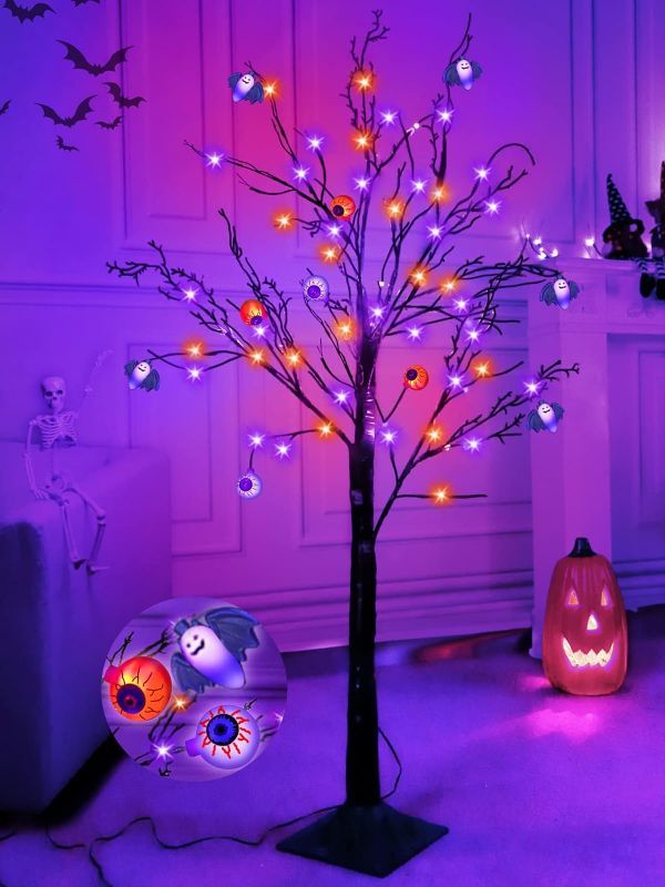 Photo 1 of 4 Ft Orange & Purple Halloween Lighted Tree Decoration with Timer 48 LED & 3D 5 Eyeballs & 5 Bat Lights DIY Ornaments Black Spooky Tree Halloween Decor Home Indoor Outdoor Garden (Plug in/4 Stakes) --- Box Packaging Damaged, Item is New
