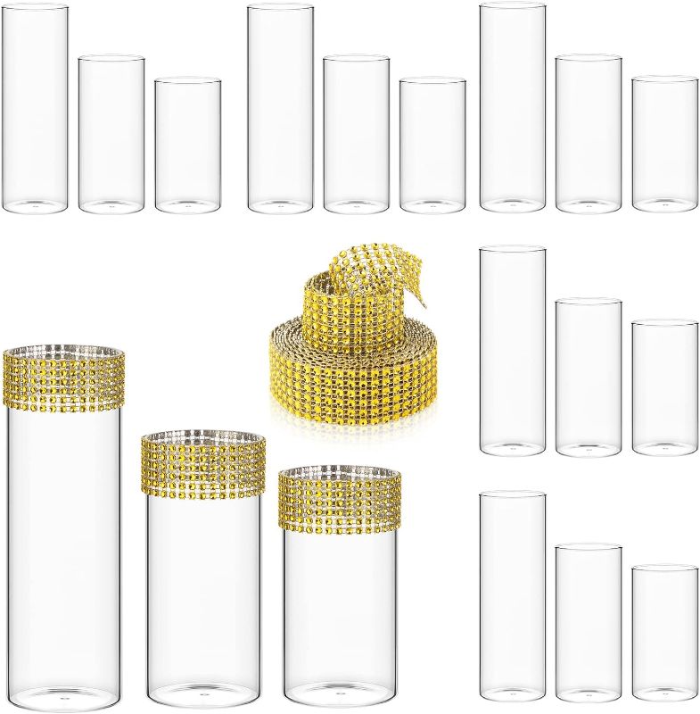 Photo 1 of **SOME PIECES DAMAGED** 18 Pcs Glass Cylinder Vase Clear Glass Flower Vase Centerpieces with 6 Row 5 Yard Diamond Ribbon Rhinestone Ribbon for Home Party Wedding Table Centerpiece Decoration (Gold, 18 Pcs)

