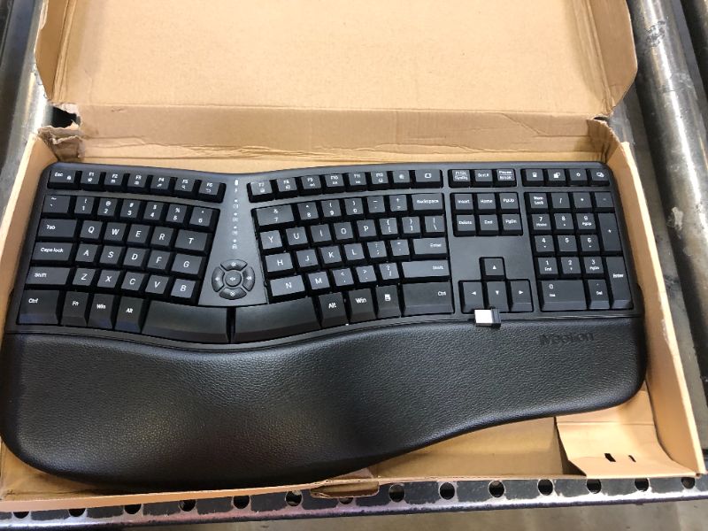 Photo 1 of MEETION Ergonomic Keyboard, Split Wireless Keyboard with Cushioned Wrist, Palm Rest, Curved, Natural Typing Full Size Rechargeable Keyboard with USB-C Adapter for PC/Computer/Laptop/Windows/Mac, Black Large Black