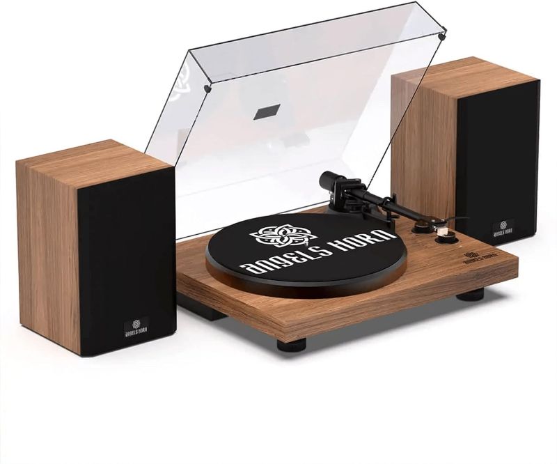 Photo 1 of ANGELS HORN Bluetooth Vinyl Record Player with 2 Bookshelf Stereo Speakers, Built-In Phono Preamp, Audio-Technica Cartridge and Stylus, Walnut
