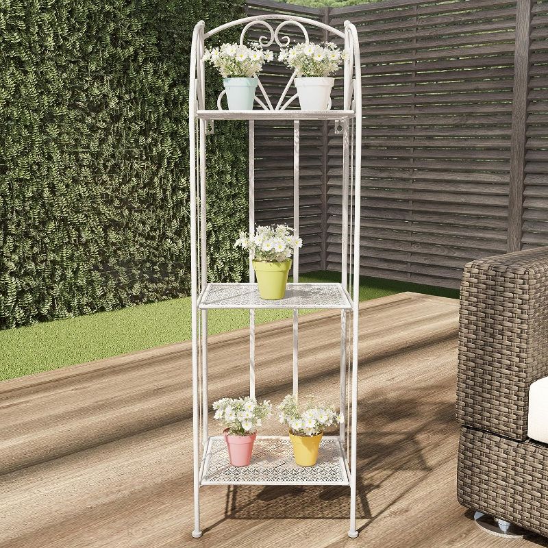 Photo 1 of Pure Garden 50-LG1163 Plant Stand – 3-Tier Vertical Shelf Indoor or Outdoor Folding Wrought Iron Home Garden Display with Laser Cut Shelves (Antique White)
