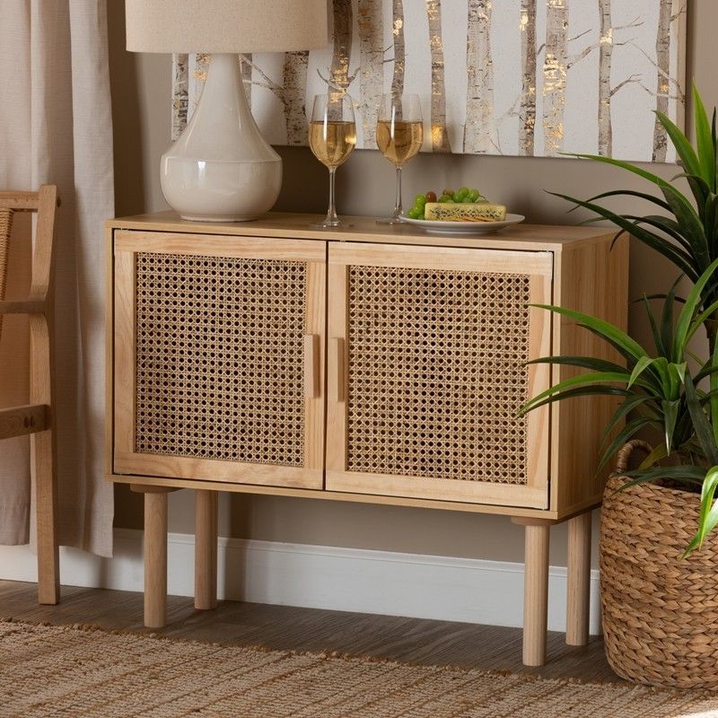 Photo 1 of Baxton Studio LYA20-103-Natural Wooden-Sideboard Maclean 31 1/2 Inch Mid-Century Modern Rattan and Wood 2-Door Sideboard Buffet - Natural Brown
