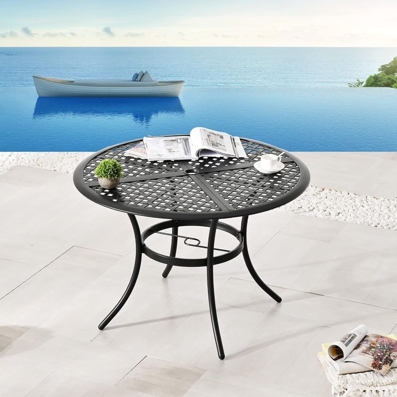 Photo 1 of Festival Depot 42.1'' Patio Dining Metal Round Table with 2.04'' Umbrella Hole & Mesh Top Outdoor Furniture for Deck Garden Porch, Black, PF19220
