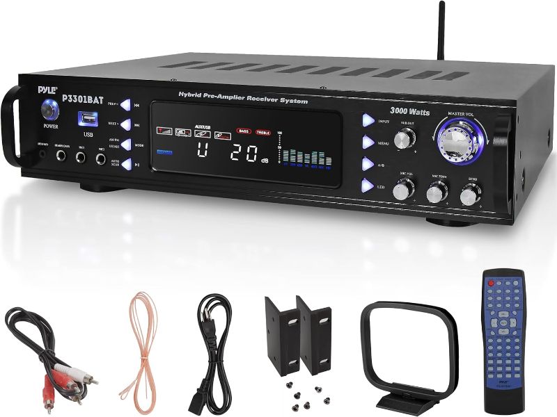 Photo 1 of Pyle Wireless Bluetooth Home Stereo Amplifier - Hybrid Multi-Channel 3000 Watt Power Amplifier Home Audio Receiver System w/AM/FM Radio, MP3/USB,AUX,RCA Karaoke Mic in - Rack Mount, Remote - P3301BAT
