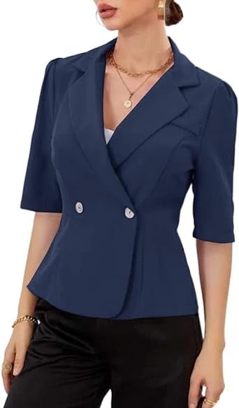 Photo 2 of Cnkwei Womens Casual Blazers Short Sleeve Lapel Collar Buttons Work Office Blazer Jackets Large - SIZE XL