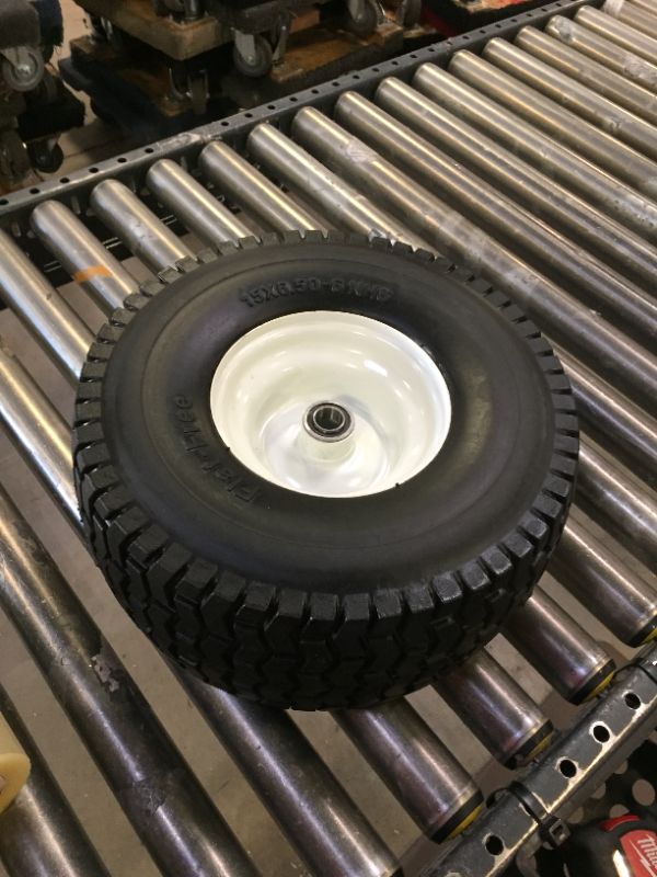 Photo 2 of 15x6.50-6 Flat-Free Tire with Rim,3"Centered Hub with 3/4" Ball Bearing,w/Grease Fitting?500lbs Capacity,15x6.50x6 No-Flat Solid Rubber Turf Wheel,for Riding Lawn mower,Garden Cart