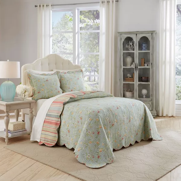 Photo 1 of 3pc King Floral Stripe Garden Glitz Reversible Bedspread Set Sage Green/Red/Cream - Waverly
