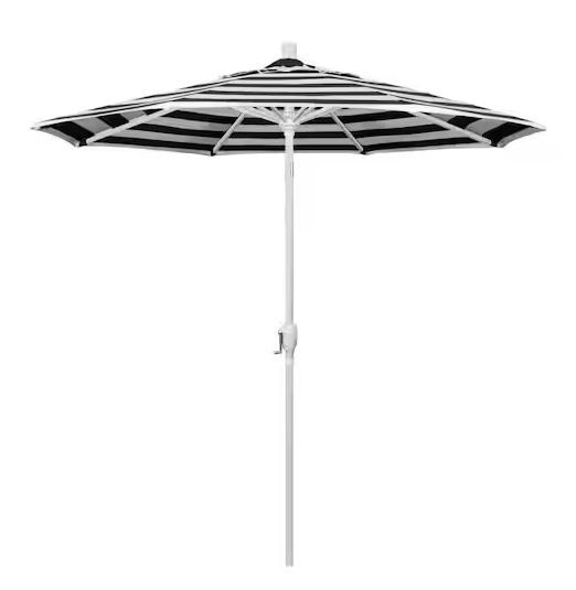 Photo 1 of 7.5 ft. Matted White Aluminum Market Push Button Tilt Crank Lift Patio Umbrella in Cabana Classic Sunbrella

