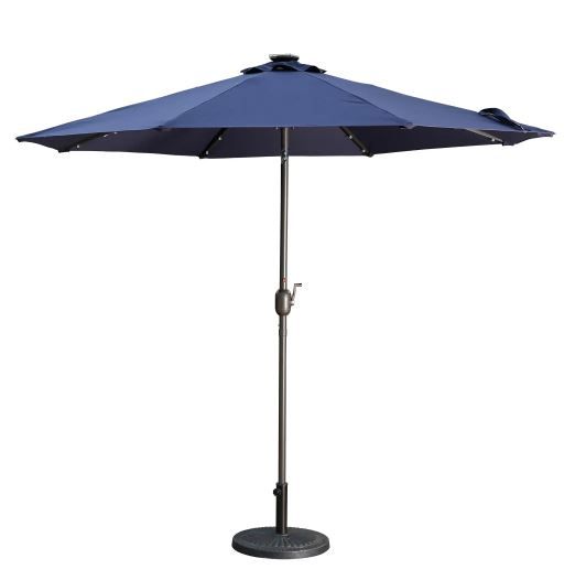 Photo 1 of 9 ft. Aluminum Market High Quality Solar LED Light Tilt Patio Beach Umbrella in Navy Blue Without Base