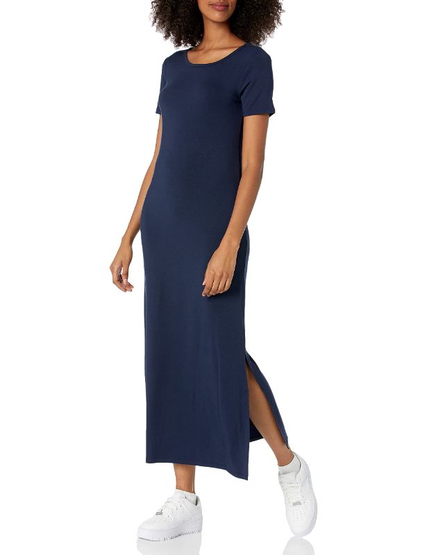 Photo 1 of AMAZON ESSENTIALS WOMEN'S JERSEY STANDARD-FIT SHORT-SLEEVE CREWNECK SIDE SLIT MAXI DRESS (PREVIOUSLY DAILY RITUAL) X-LARGE NAVY
