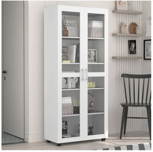 Photo 1 of 72 in. H x 31.5 in. W White Wood 5-Shelf Accent Bookcase Bookshelf With 2-Door and Adjustable Shelves
