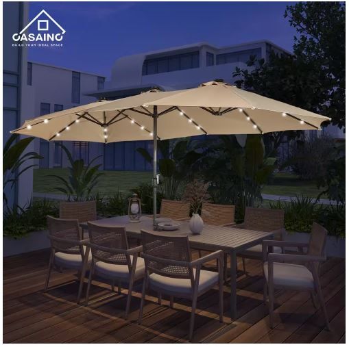 Photo 1 of 15 ft. Steel Push-Up Patio Double-Side Market Umbrella with Base and Solar Light in Tan